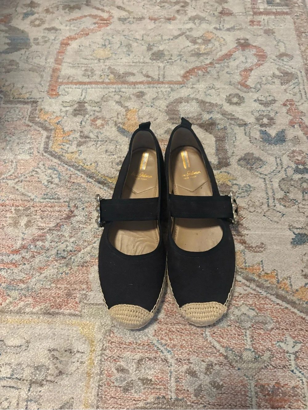 Sam Edelman Espadrille Mary Jane Flats - Black Canvas Jeweled Buckle - Size 8.5